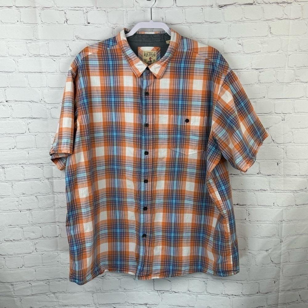Red Head Shirt Short Sleeve Men's 3XL Orange Blue Madras Plaid Button Up